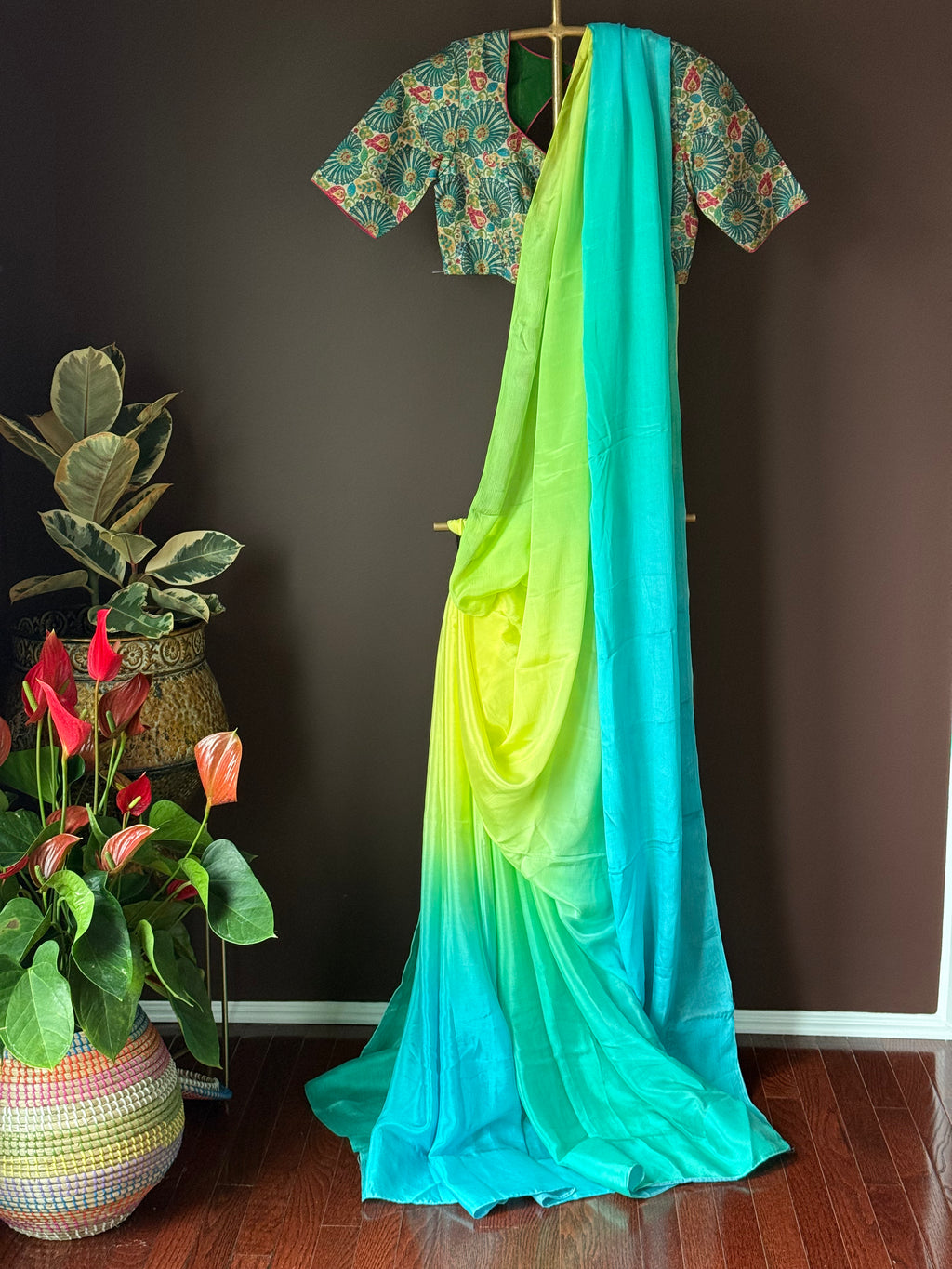 Shop pastel blue and green crepe saree online in USA with blouse. Look your best on festive occasions in latest designer sarees, Banarasi sarees, handwoven sarees.-full view