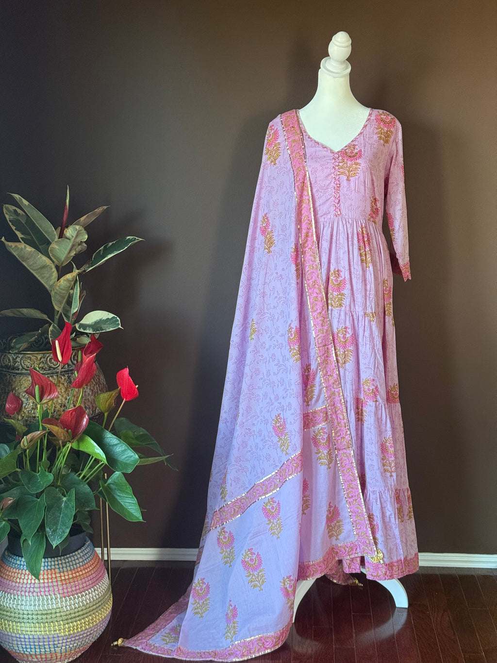 Buy lavender printed Anarkali suit online in USA with dupatta. Look your best on festive occasions in latest designer suits, Banarasi sarees, handwoven sarees.-full view