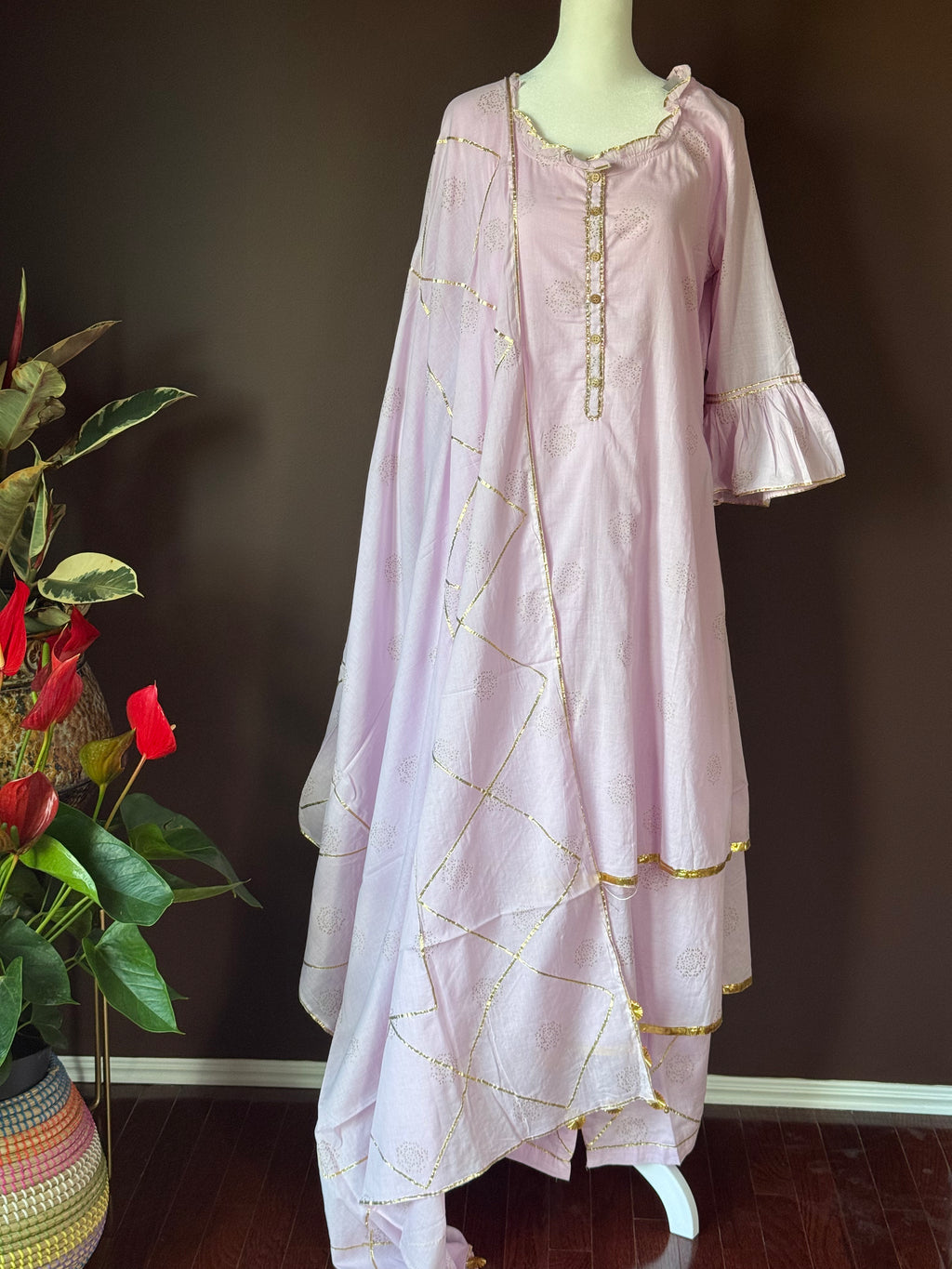 Buy lilac gota work suit online in USA with dupatta. Look your best on festive occasions in latest designer suits, Banarasi sarees, handwoven sarees.-full view