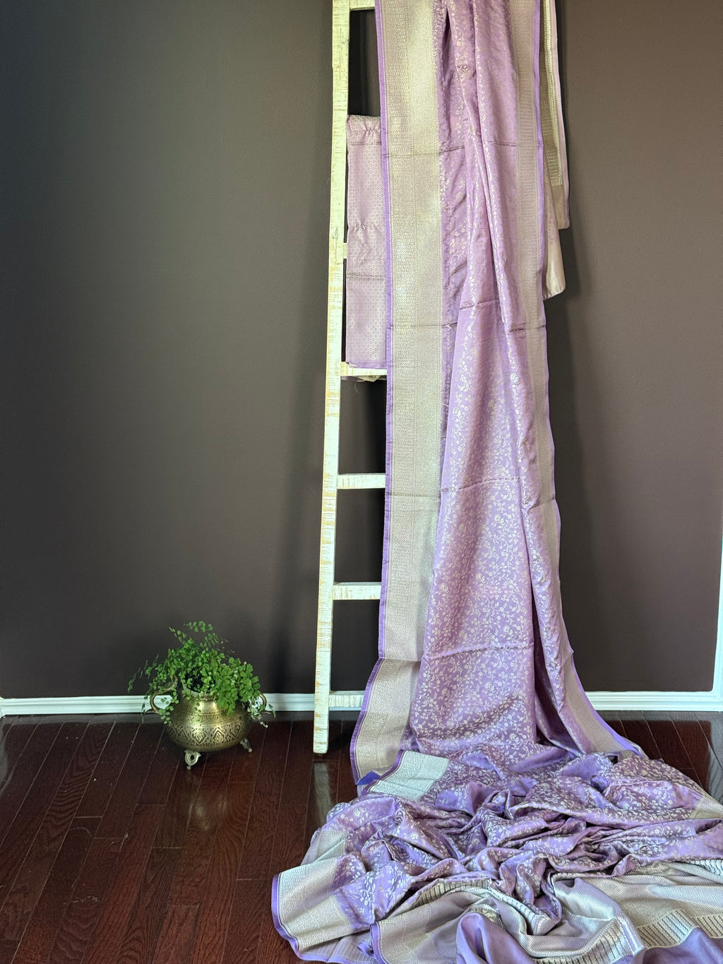 Shop lavender Mashru silk saree online in USA with silver border. Look your best on festive occasions in latest designer sarees, Banarasi sarees, handwoven sarees.-full view