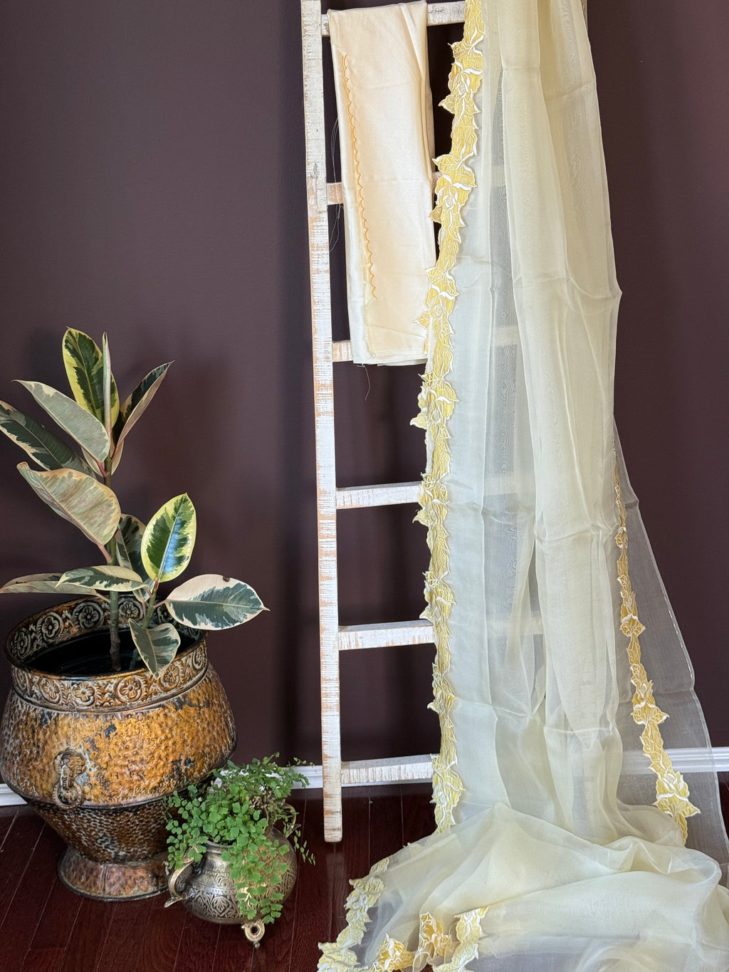 Shop cream organza saree online in USA with cut-out lace border. Look your best on festive occasions in latest designer sarees, Banarasi sarees, handwoven sarees.-full view