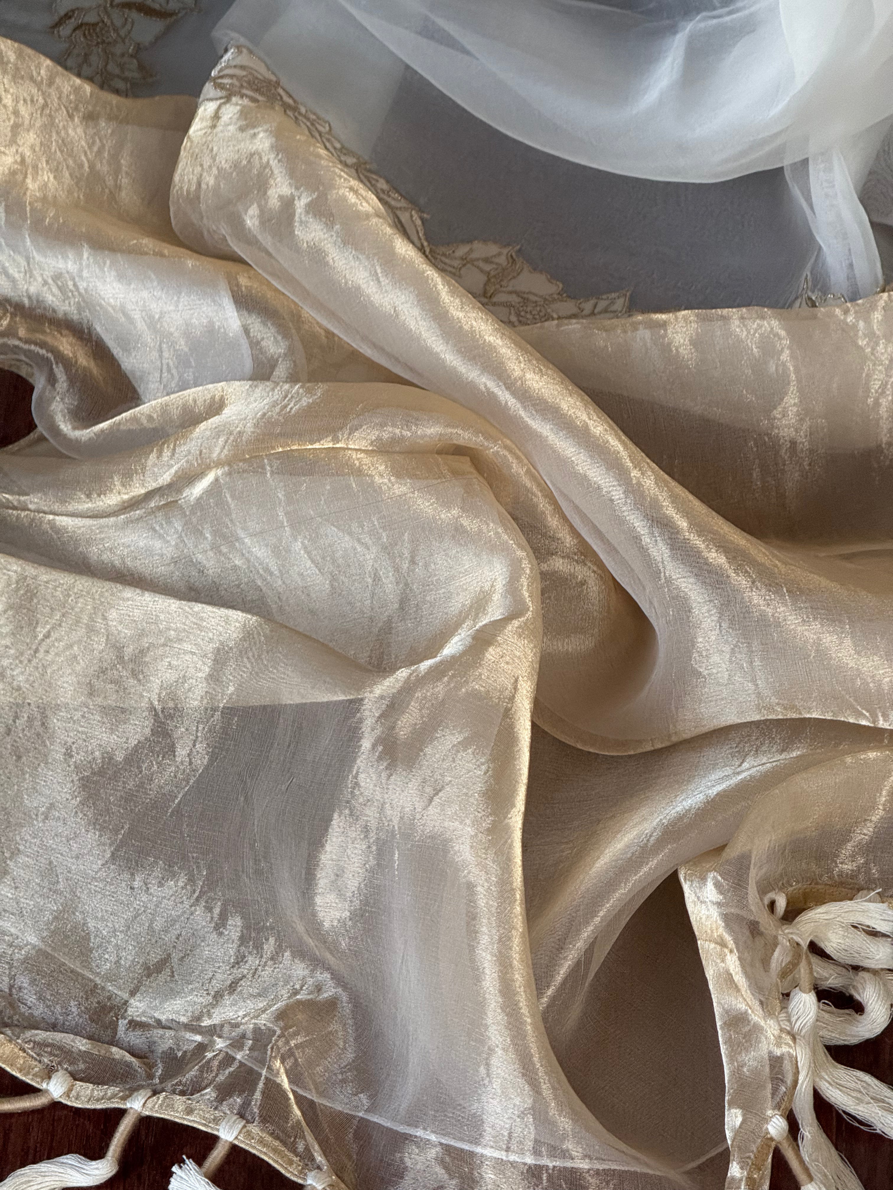 Buy cream organza saree online in USA with blouse. Look your best on festive occasions in latest designer sarees, Banarasi sarees, handwoven sarees.-saree