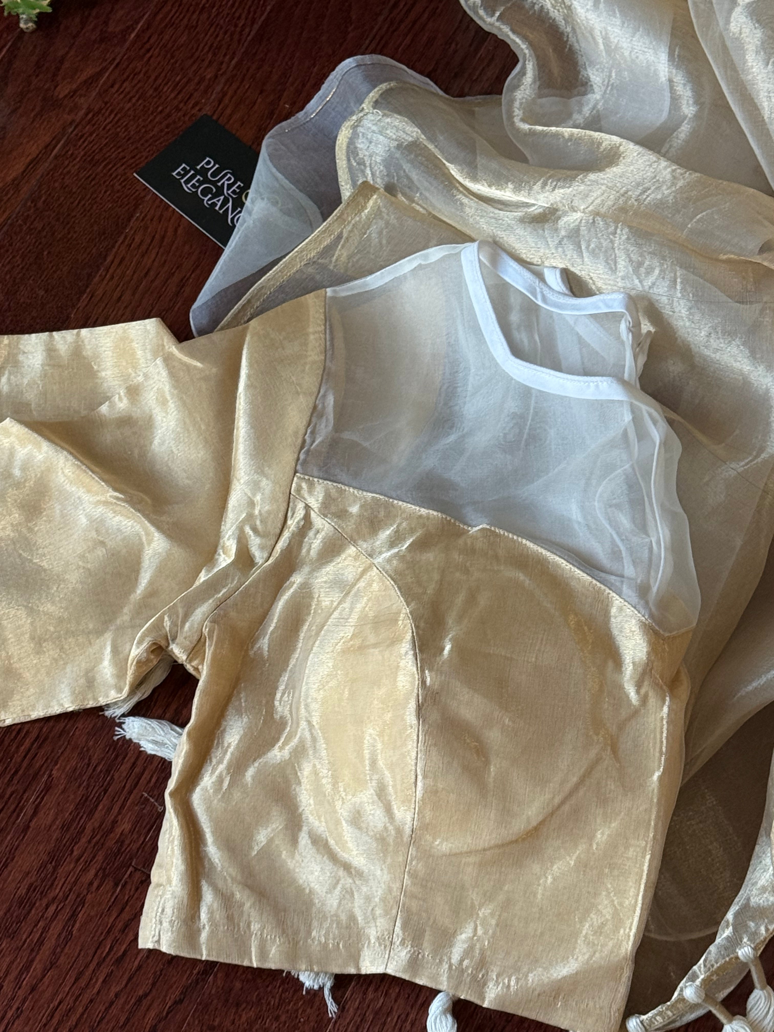 Buy cream organza saree online in USA with blouse. Look your best on festive occasions in latest designer sarees, Banarasi sarees, handwoven sarees.-blouse