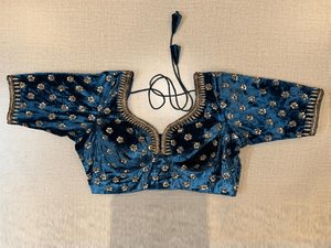 50V173-RO Dark Blue Embroidered Velvet Choli Cut Saree Blouse