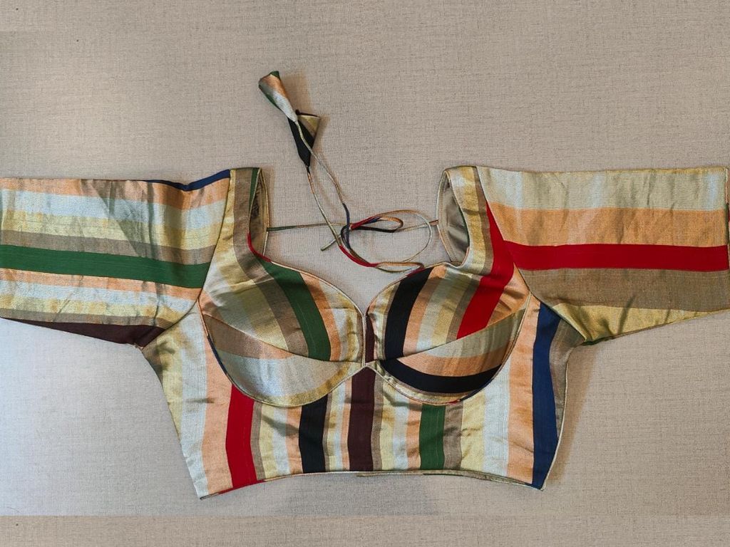 Buy metallic multicolor stripes choli-cut saree blouse online in USA. Elevate your Indian saree style with exquisite readymade sari blouse, embroidered saree blouses, Banarasi saree blouse, designer sari blouse, choli-cut blouses from Pure Elegance Indian clothing store in USA.-full view