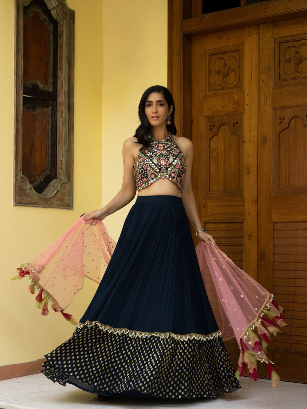 Shop navy mirror work chinon lehenga online in USA with pink dupatta. Shop designer lehengas, designer sarees, bridesmaids lehengas, designer salwar suits, wedding lehengas, wedding sarees in USA from Pure Elegance Indian fashion clothing store.-full view