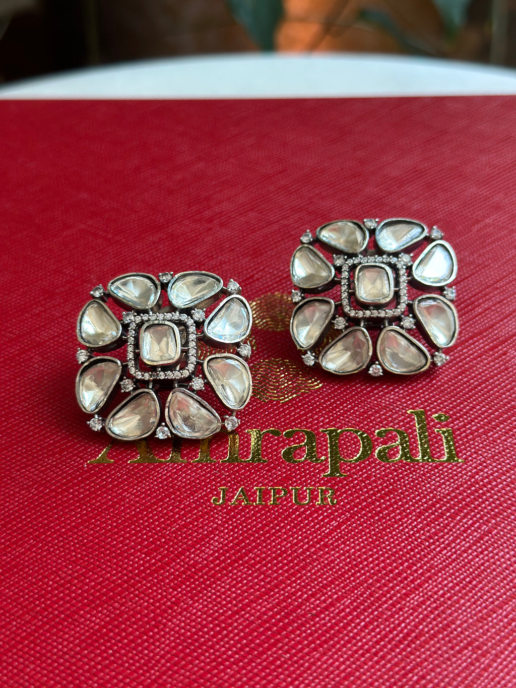 Shop Amrapali white kundan zircon floral silver studs online in USA. Complete your Indian look with beautiful Amrapali gold plated jewelry, gold plated earrings, temple jewelry, silver jewelry, silver earrings available at Pure Elegance Indian fashion store in USA.-full view