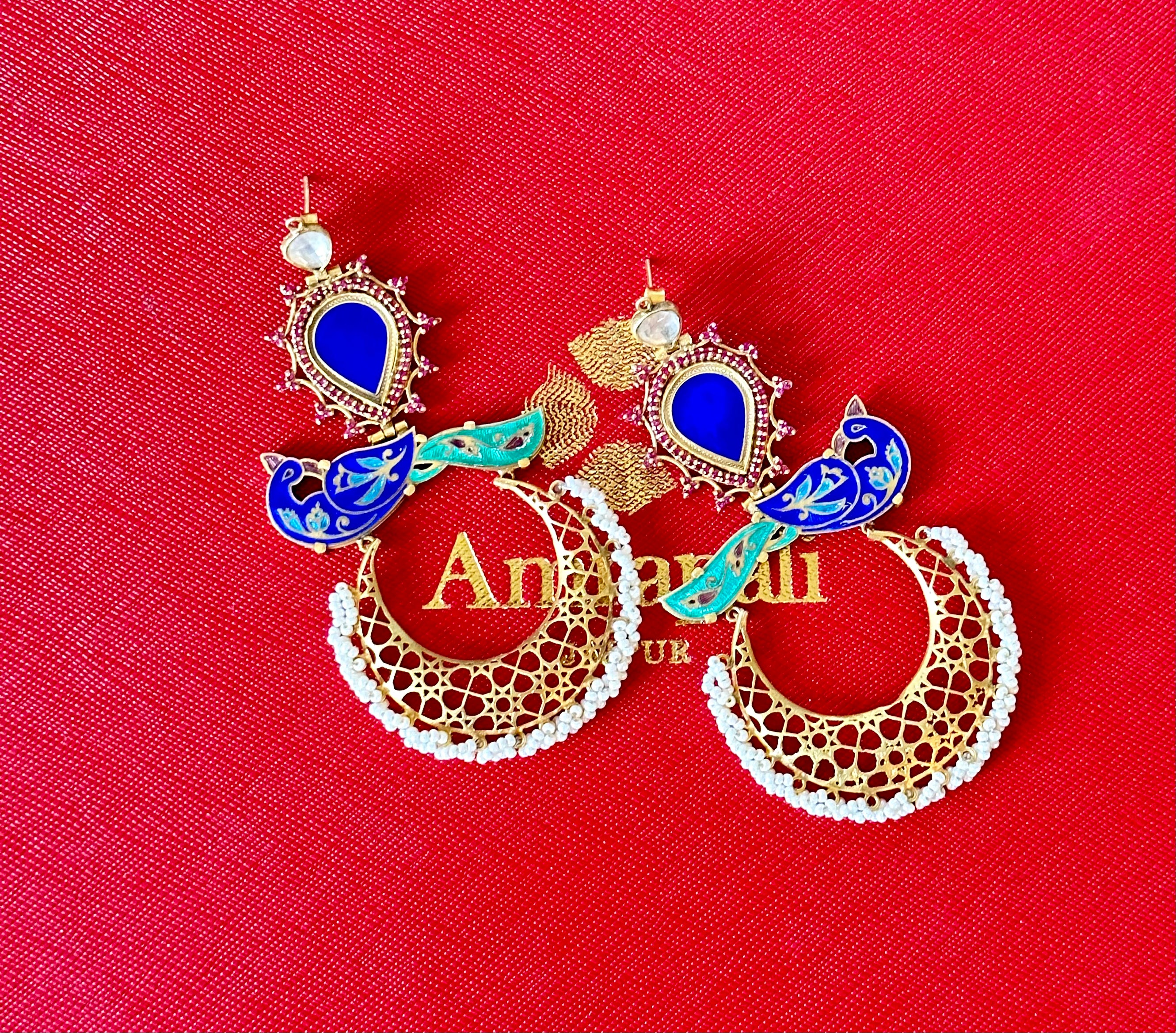 20B640- Silver Gold Plated Enamel Glass Peacock Earrings