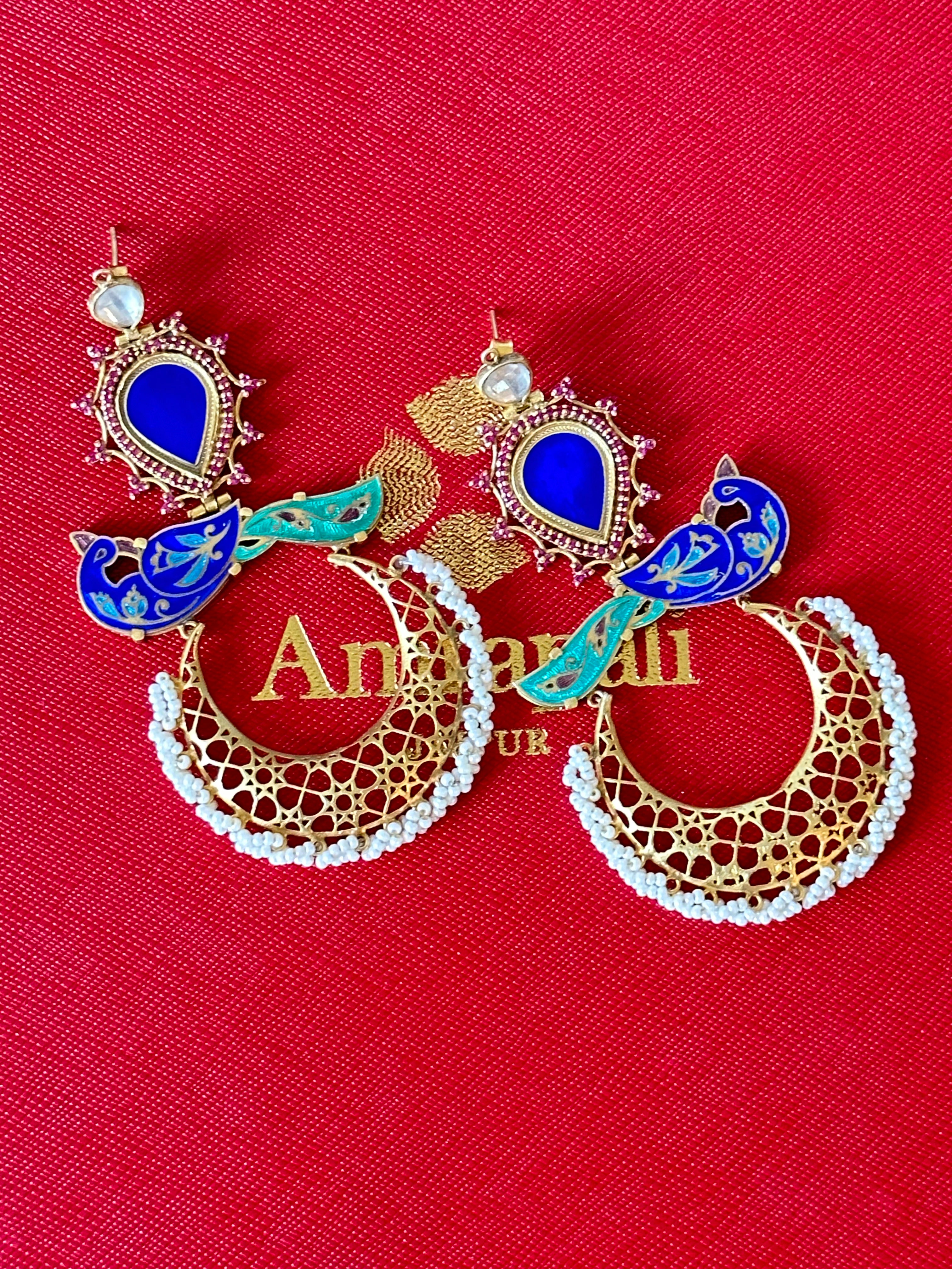 20B640- Silver Gold Plated Enamel Glass Peacock Earrings