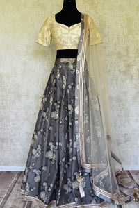 Shop grey and cream printed embroidered lehenga online in USA with dupatta. Get ready to dazzle on weddings and special occasions with an exquisite variety of Indian designer clothes from Pure Elegance Indian clothing store in USA. We have a splendid collection of bridal lehengas, designer sarees, Anarkali suits to make your look absolutely one of kind.-full view