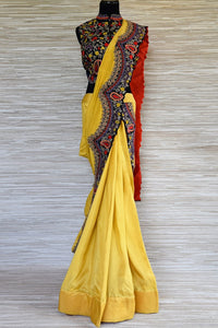 Buy beautiful yellow embroidered drape saree online  in USA. Enhance your traditional style on special occasions with splendid designer sarees from Pure Elegance Indian fashion store in USA.-full view