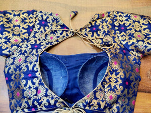 Buy stunning ink blue Banarsi silk designer saree blouse online in USA. Elevate your ethnic saree style with a tasteful collection of designer saree blouses, embroidered sari blouses, Banarasi blouses, silk saree blouses from Pure Elegance Indian clothing store in USA.-back