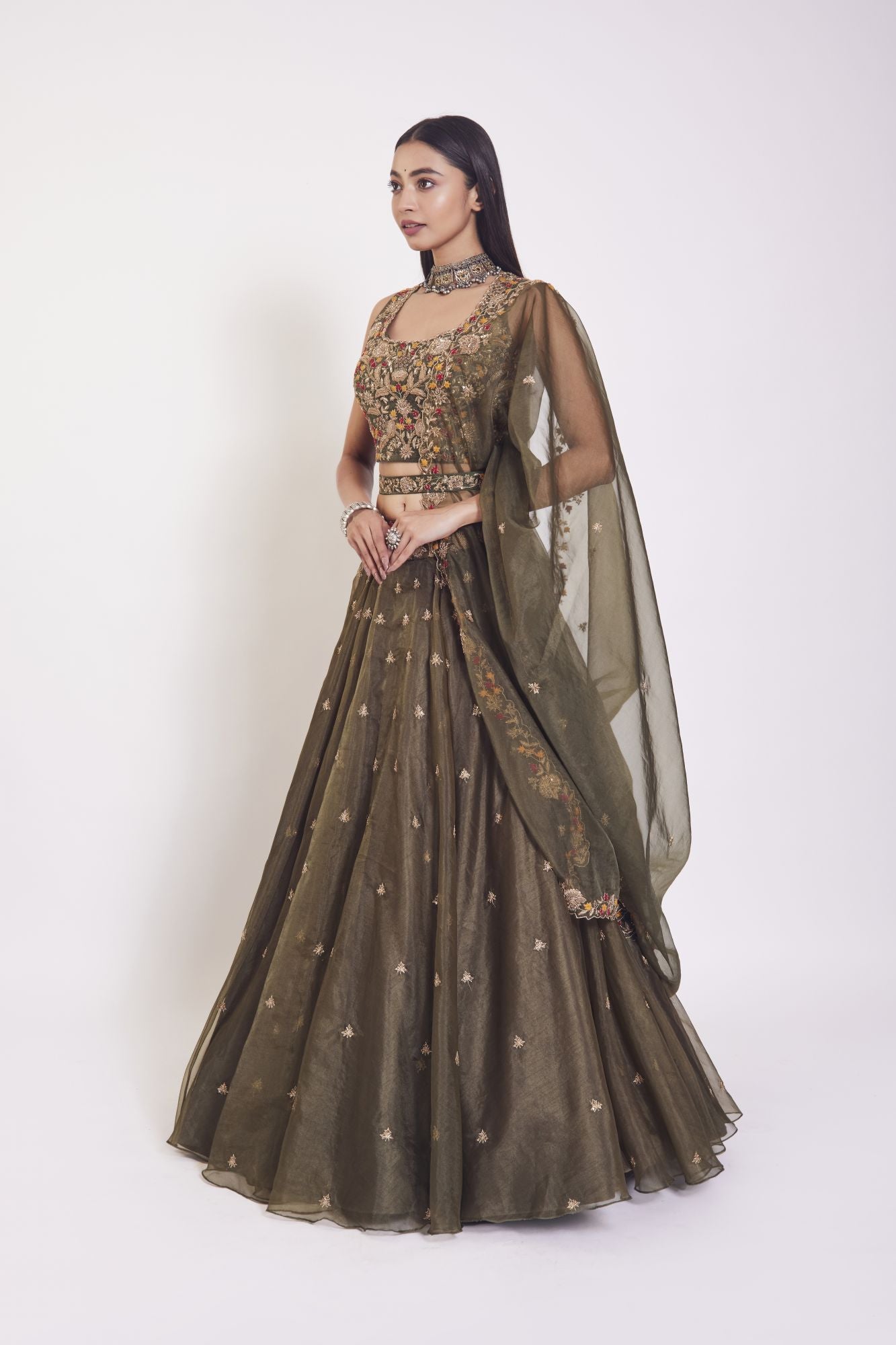 30Z108-RO Olive Green organza Lehenga with dupatta