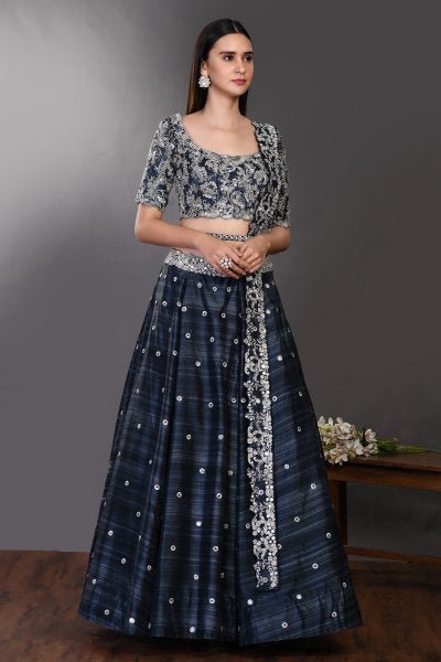 30Z138-RO navy blue silk Lehenga with dupatta and belt
