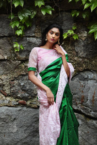 Buy stunning green Dhakai saree online in USA with pink border. Turn heads at parties and special occasions in beautiful designer sarees, handwoven sarees, linen sarees, embroidered sarees, partywear sarees from Pure Elegance Indian saree store in USA.-front