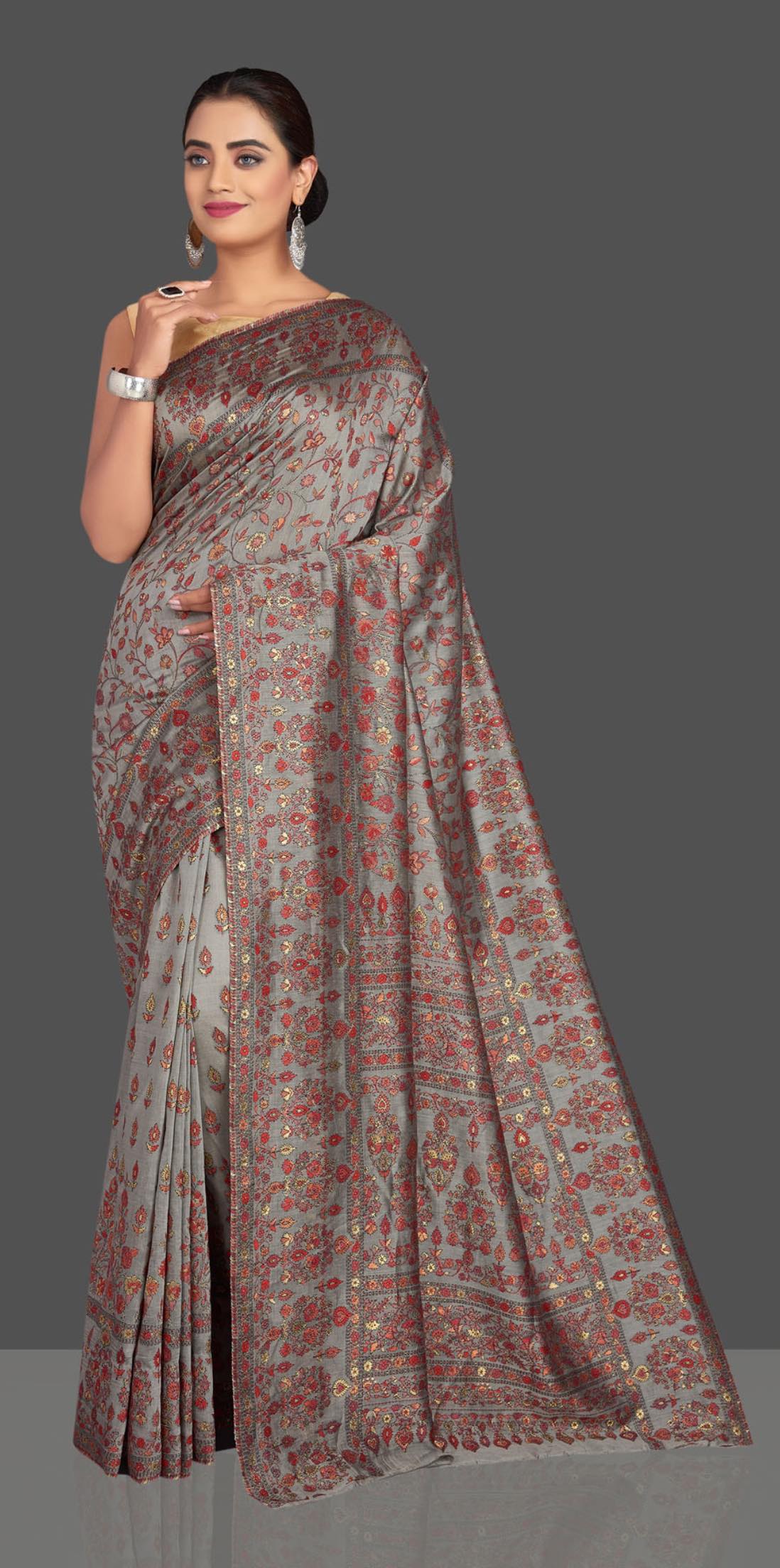 Buy stunning grey Kani weave tussar muga sari online in USA. Shop designer sarees, printed sarees, embroidered sarees, crepe sarees, handwoven silk sarees in USA from Pure Elegance Indian fashion store in USA.-full view
