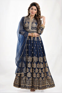 Shop stunning navy blue embroidered georgette Anarkali online in USA with net dupatta. Elevate your ethnic saree style with a tasteful collection of designer lehenga, bridal lehenga, Anarkali, designer salwar suits, Indian dresses, sharara suits from Pure Elegance Indian clothing store in USA.-full view