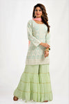 Buy beautiful light blue and green viscose Lucknowi sharara suit online in USA with pink chiffon dupatta. Elevate your ethnic saree style with a tasteful collection of designer lehenga, bridal lehenga, Anarkali, designer salwar suits, Indian dresses, sharara suits from Pure Elegance Indian clothing store in USA.-full view