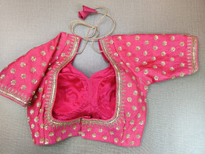 Shop stunning pink saree blouse online in USA with sequin embroidery. Elevate your Indian ethnic saree looks with beautiful readymade saree blouse, embroidered sari blouses, Banarasi saree blouse, designer sari from Pure Elegance Indian fashion store in USA.-back