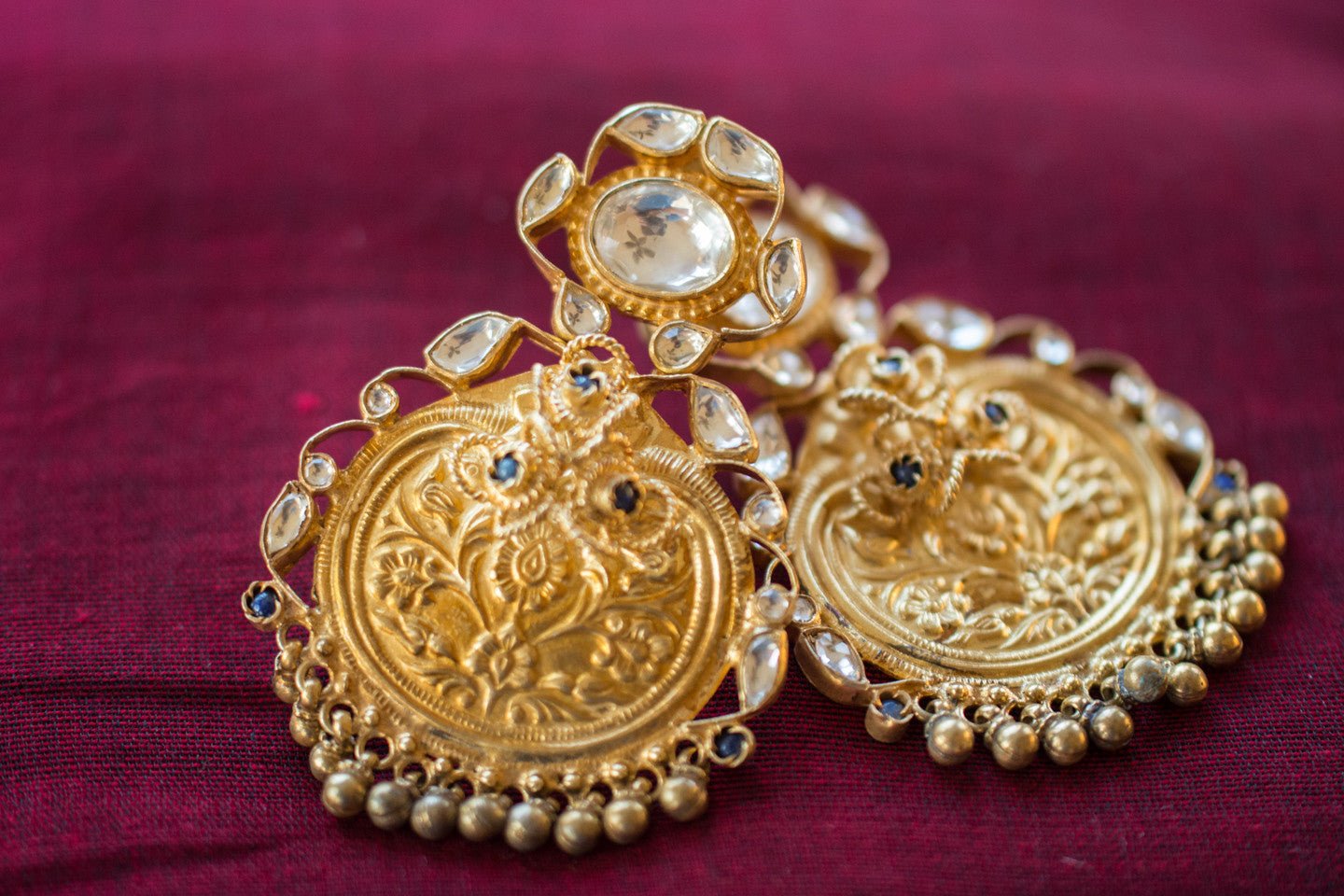 20a423-silver-gold-plated-amrapali-earrings-embossed-floral-stones-alternate-view-2