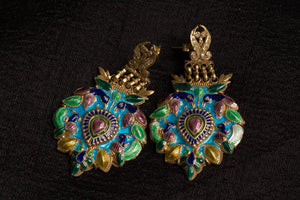 20a473-silver-gold-plated-amrapali-earrings-multi-color-enamel-bird-leaf-raised-design