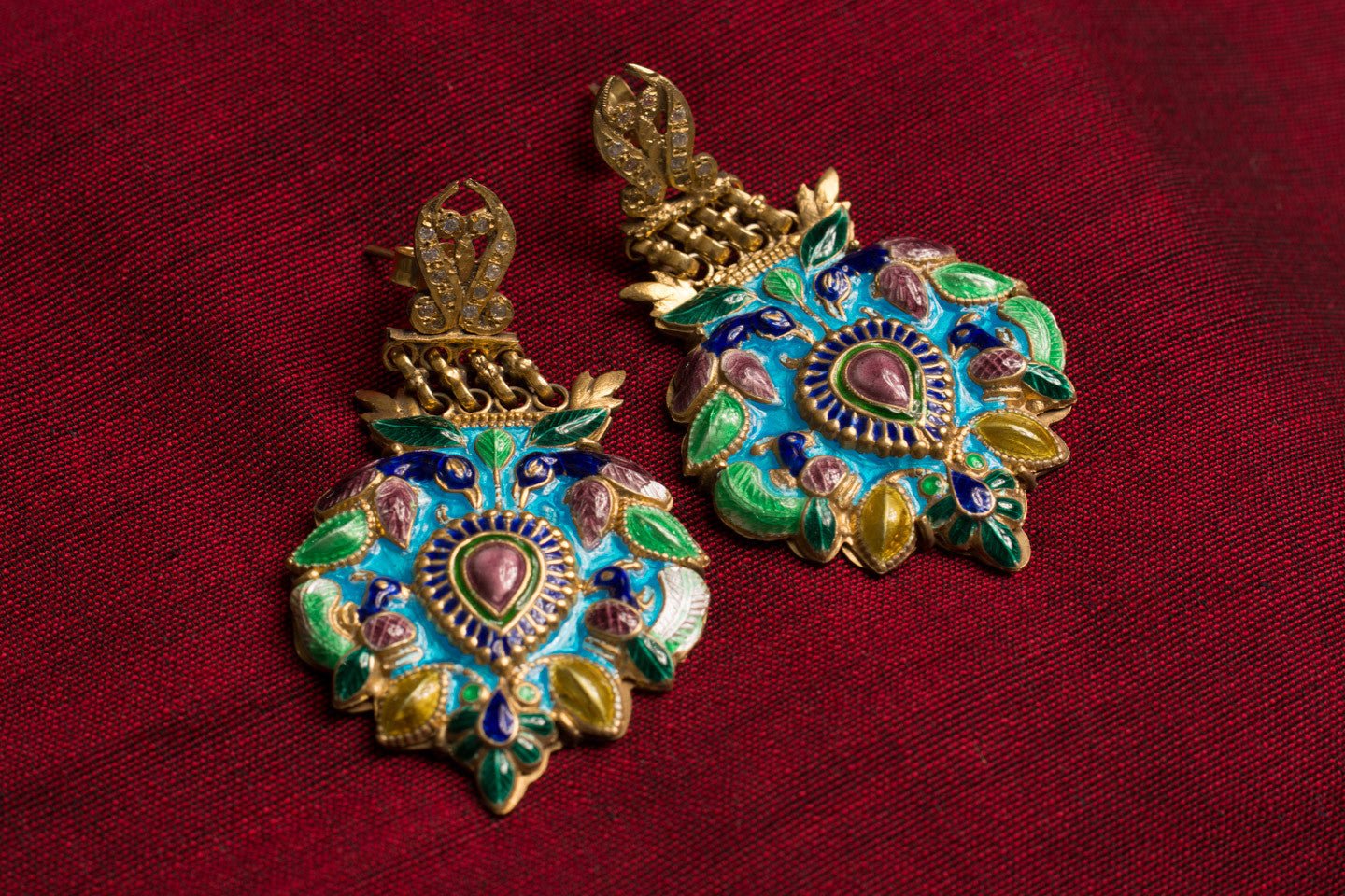 20a473-silver-gold-plated-amrapali-earrings-multi-color-enamel-bird-leaf-raised-design-alternate-view