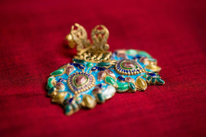 20a473-silver-gold-plated-amrapali-earrings-multi-color-enamel-bird-leaf-raised-design-alternate-view-2