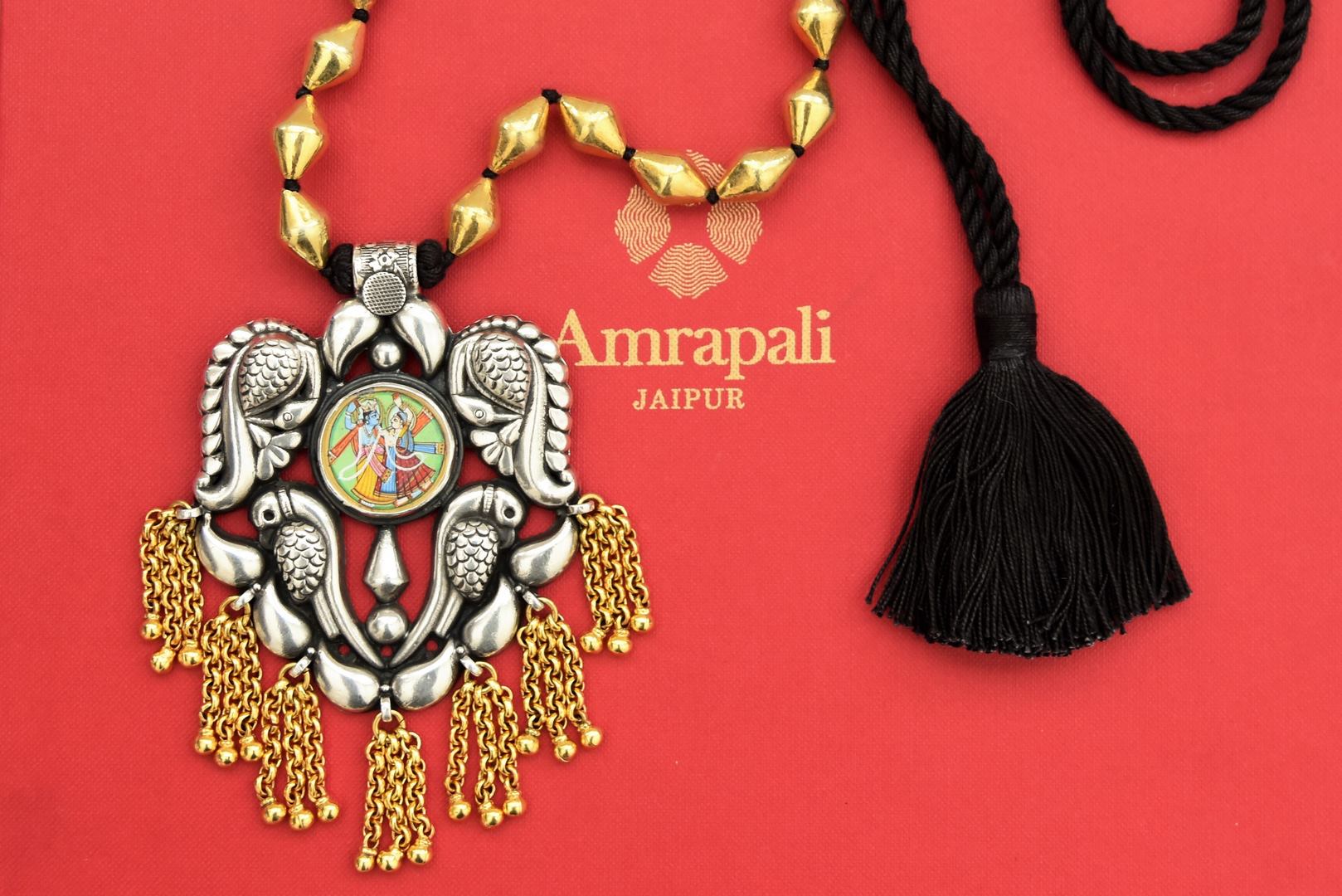 Buy stunning silver gold plated dholki necklace online in USA with Radha Krishna pendant. Shop beautiful Amrapali jewelry, silver jewelry, gold plated jewelry, silver choker necklaces, gold plated necklace in USA from Pure Elegance Indian fashion store in USA.-full view