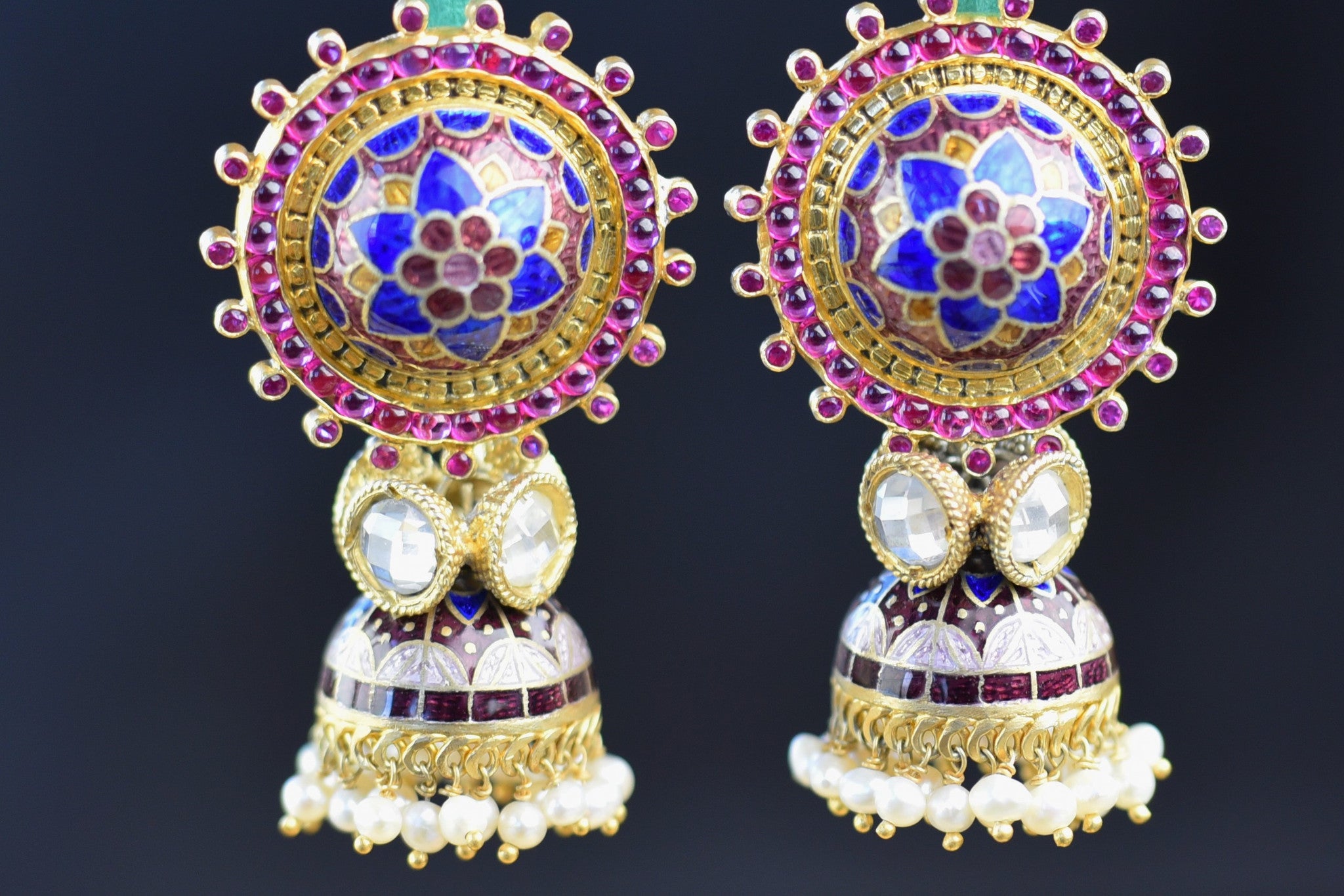 20A598 Silver Gold Plated Peridot Jhumkis With Pearl