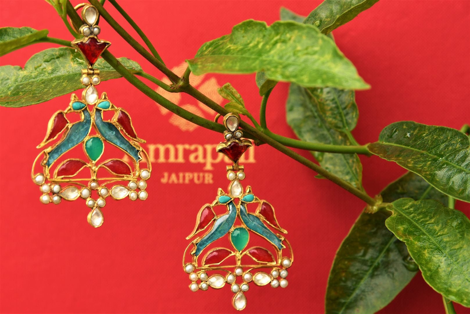 Buy silver gold plated Amrapali Glass Earrings online USA with pearl drops. Pure Elegance store brings ethnic Indian gold plated earrings online for women in USA.-full view