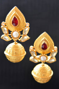 20A825 Traditional Silver Gold Plated Earrings With A Pop Of Red