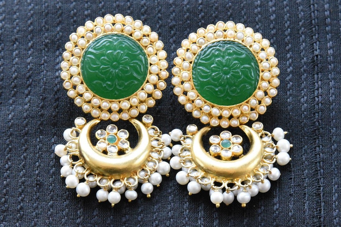 20A832 Green & Silver Gold Plated Earrings With Glass & Pearls