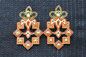 20A851 Red, Green & Cream Enamel Earrings With Pearls
