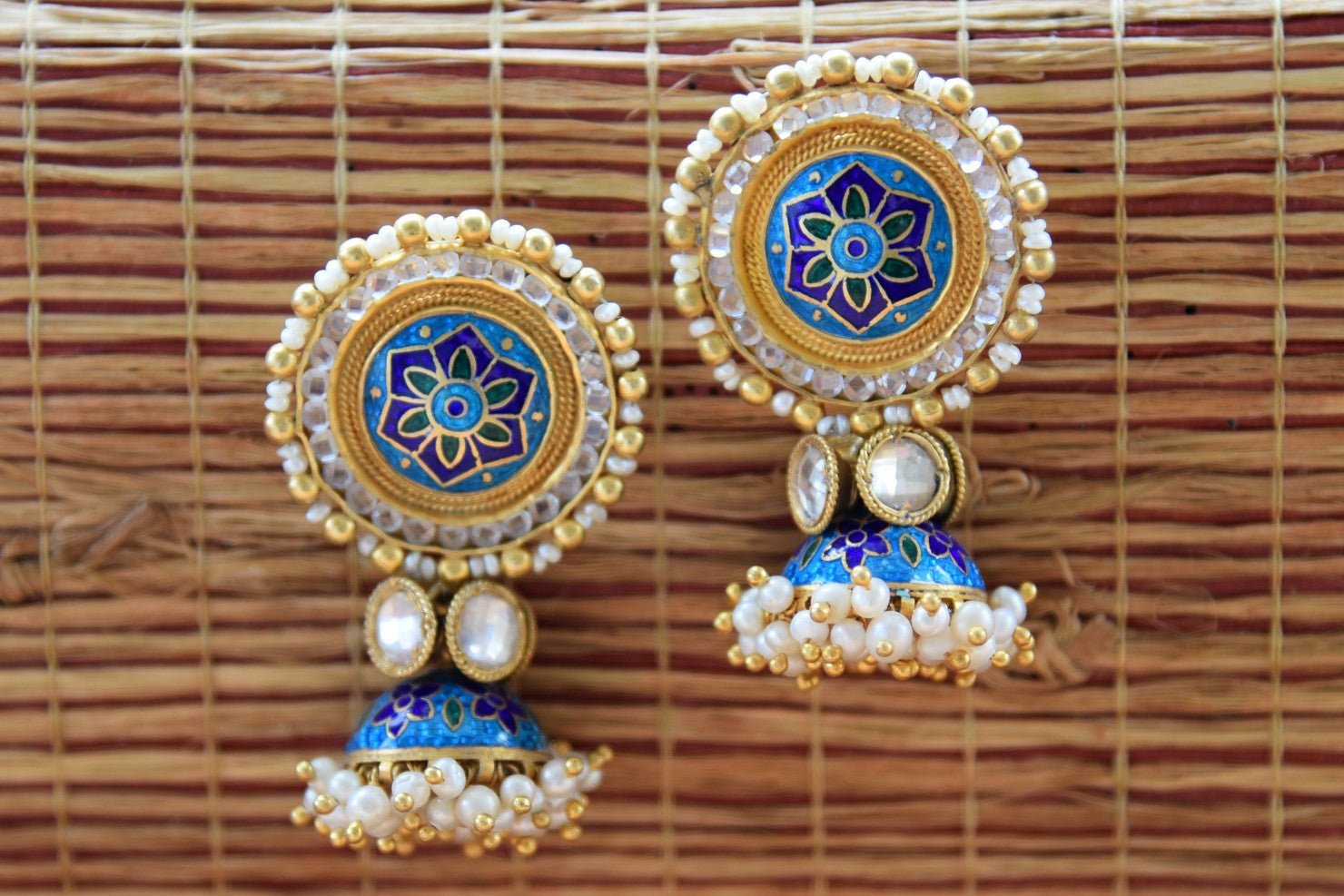 20A852 Exquisite Blue Enamel Earrings With Glass & Pearl