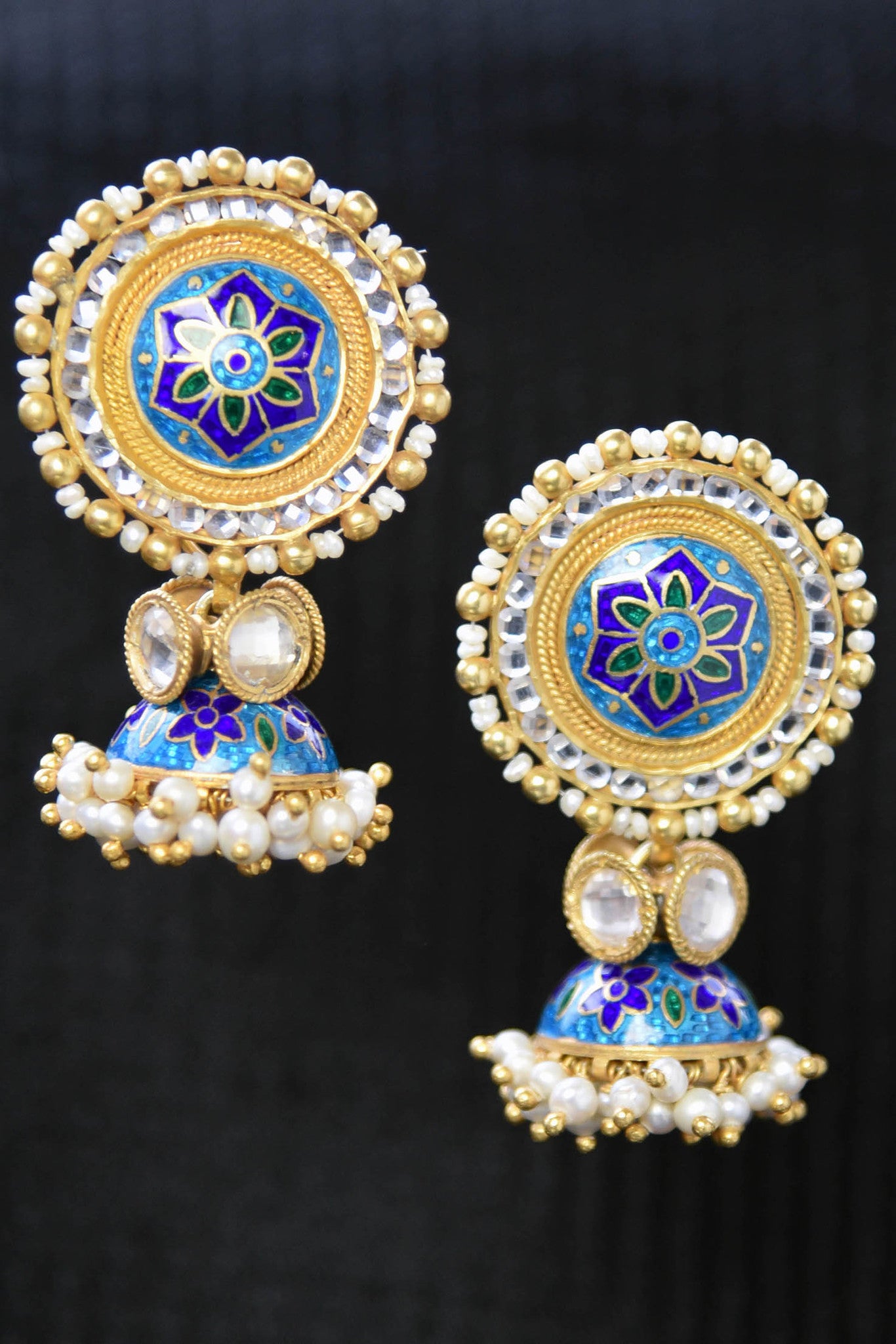 20A852 Exquisite Blue Enamel Earrings With Glass & Pearl