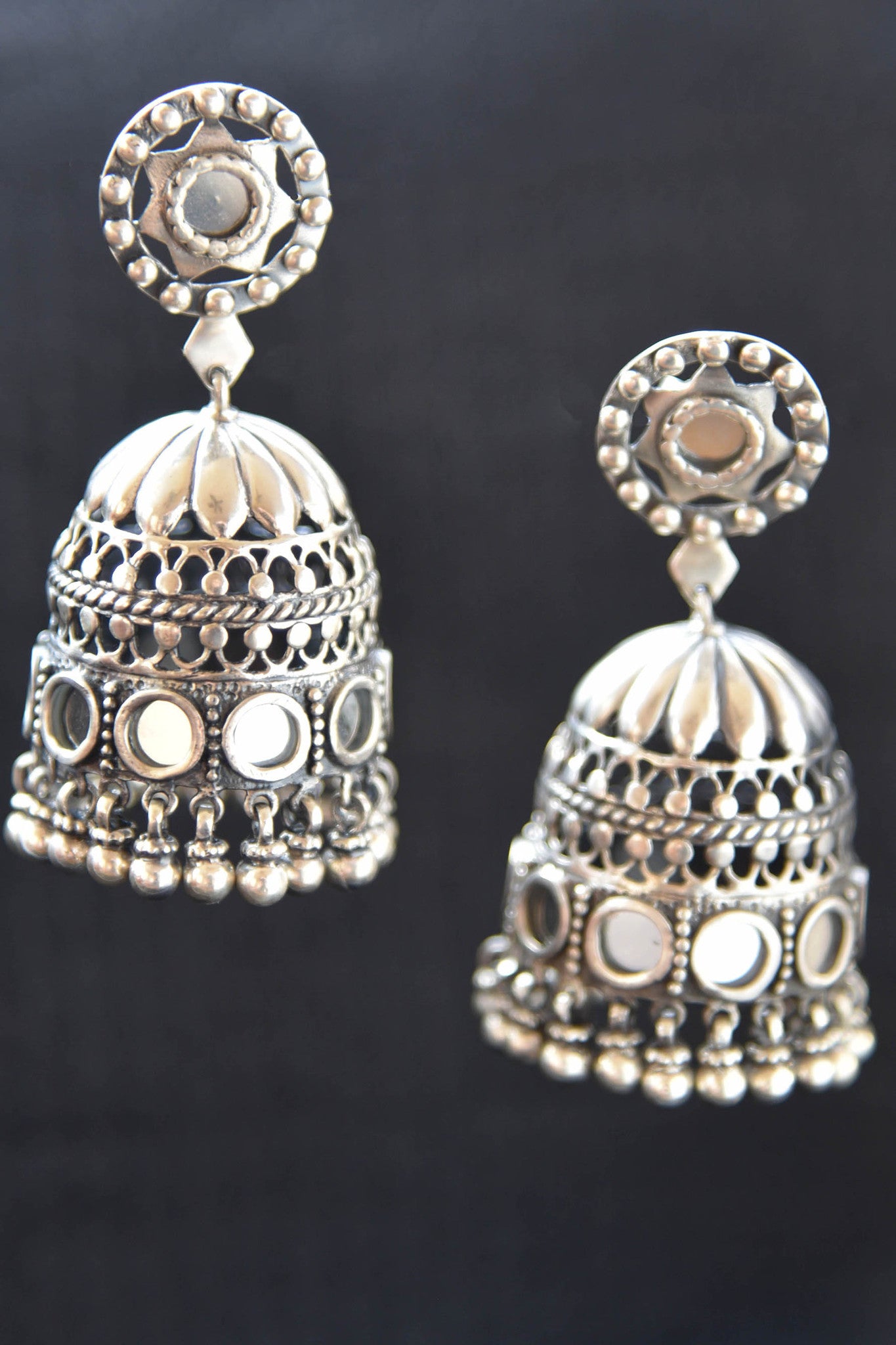 20A874 Silver Gold Plated Jhumkis With Glass Accents