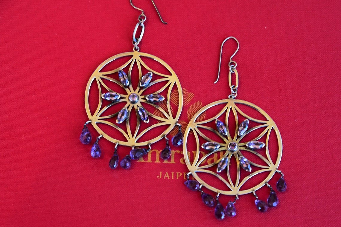 Shop beautiful Amrapali gold plated floral amethyst earrings online in USA from Pure Elegance. Enrich your sarees and suit with an exquisite range of gold plated jewelry, necklaces, earrings, fashion jewelry from Pure Elegance Indian fashion store in USA.-front