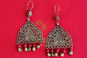 Silver gold plated with glass studded textured earrings. Pair these with western and Indian wear in casual and formal events.-front view