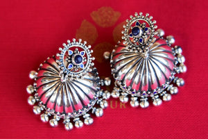 Silver Earring with Lapis stone and screw back. Perfect Indian designer fashion jhumka good for parties.-top view