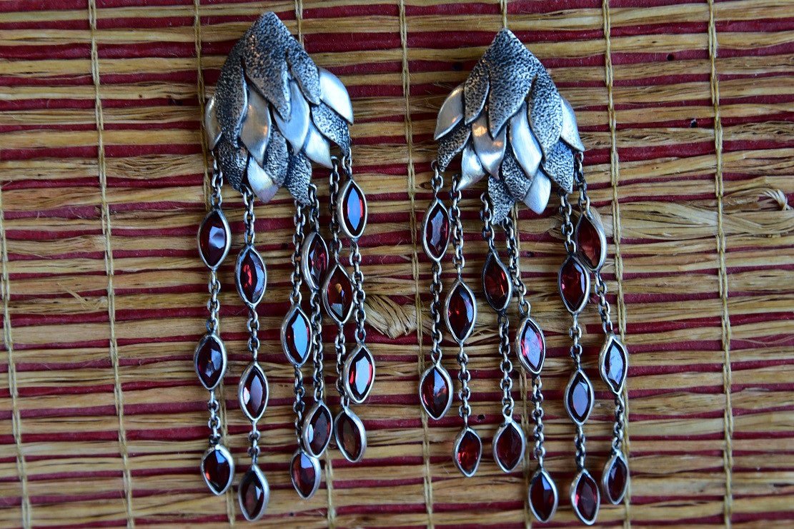 Silver Earring with Garnet gemstone hanging strands fashion earrings. Contemporary style earrings for all.- front view