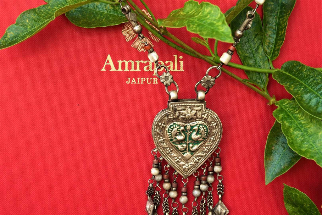Buy antique silver agate enamel necklace online in USA from Pure Elegance. Shop your favourite silver Indian jewelry at our store in USA for various occasions.-necklace