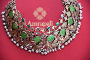 Shop this captivating chunky green and silver fashion jewelry necklace online or from our store near NYC. It is perfect for any wedding, reception, sangeet or reception party. Top View.