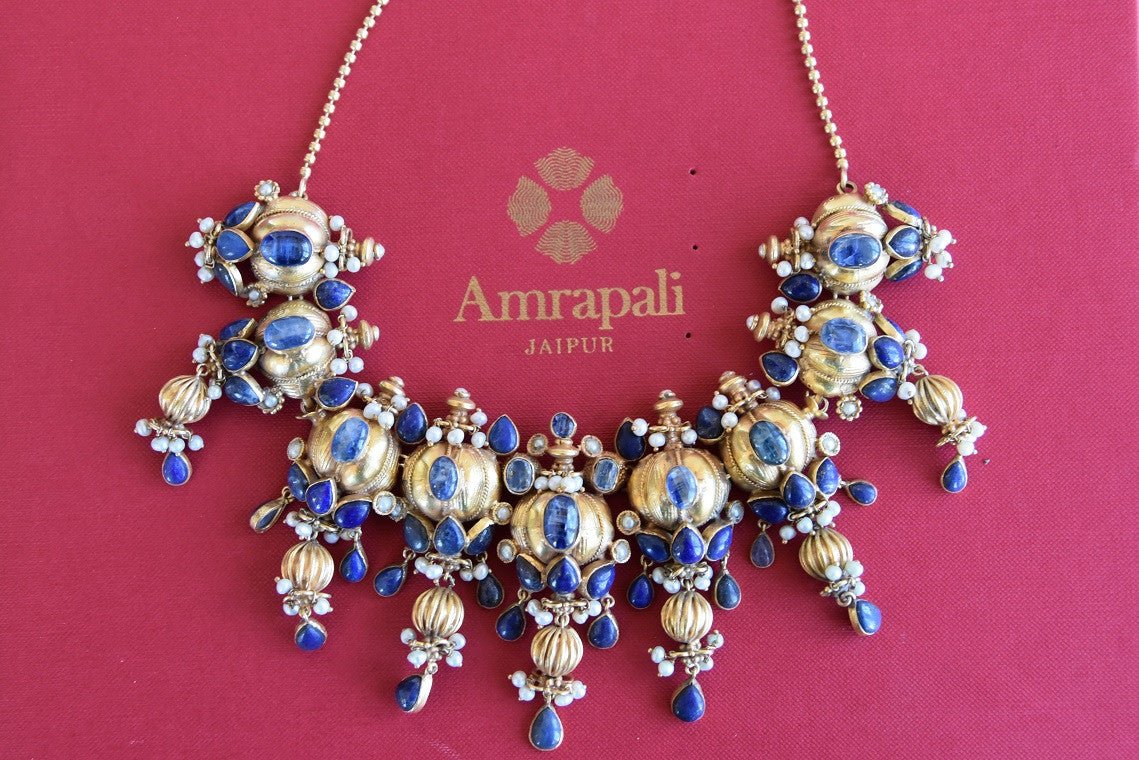 Gold plated Silver kyanite stone and pearl amrapali Necklace. Heavy Indian necklace pair it with formal outfit-A