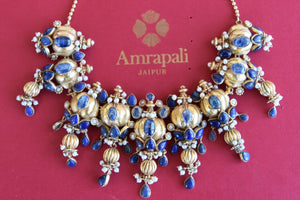 Gold plated Silver kyanite stone and pearl amrapali Necklace. Heavy Indian necklace pair it with formal outfit-B
