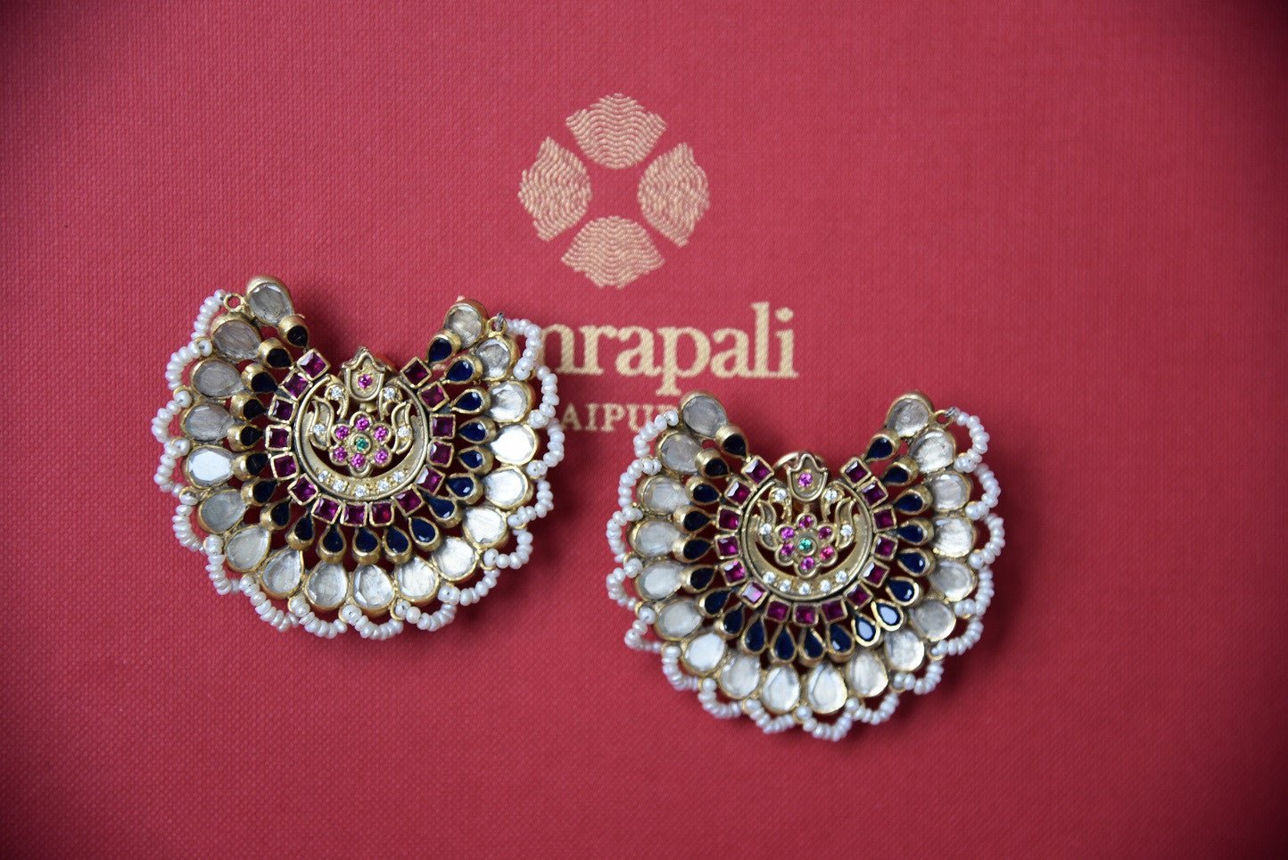 Shop this traditional Indian amrapali silver and gold plated glass pearl earrings from Pure Elegance online or from our store in USA. Perfect for any wedding party. Front View.