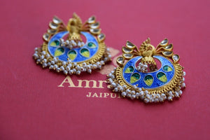 20B045, Shop this ethnic Indian silver gold plated enamel pearl blue amrapali earrings online or from our store in USA. It is perfect for any wedding, reception or sangeet. Top View.