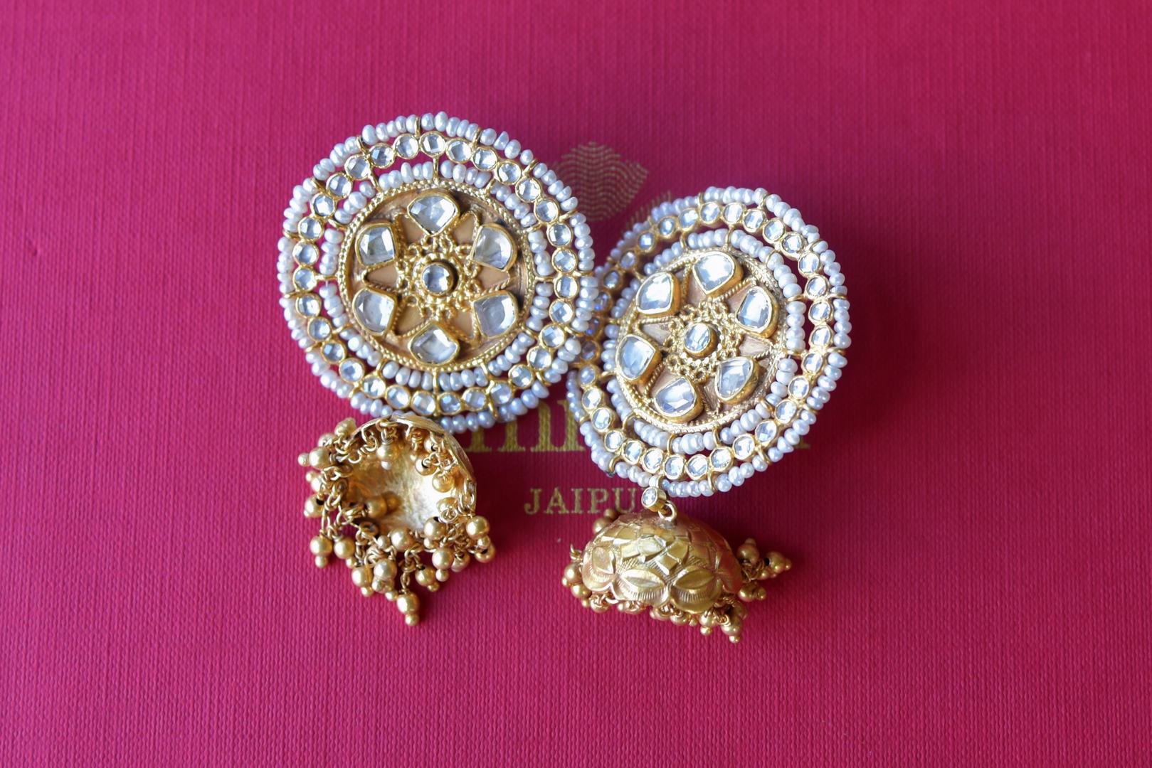 Buy Amrapali silver gold plated pearl and glass earrings online in USA with jhumka. Find an exquisite collection of handcrafted silver gold plated jewelry in USA at Pure Elegance Indian fashion store. Complete your festive look with traditional Indian jewellery, silver gold plated earrings, silver jewellery from our online store.-flatlay