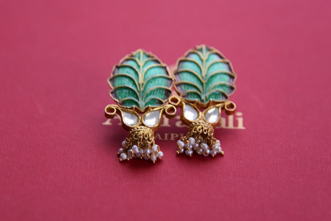 20B064, Shop this ethnic Indian amrapali silver gold plated glass pearl enamel earrings from Pure Elegance online or from our store in Edison. Ideal for any wedding or reception. Top View.