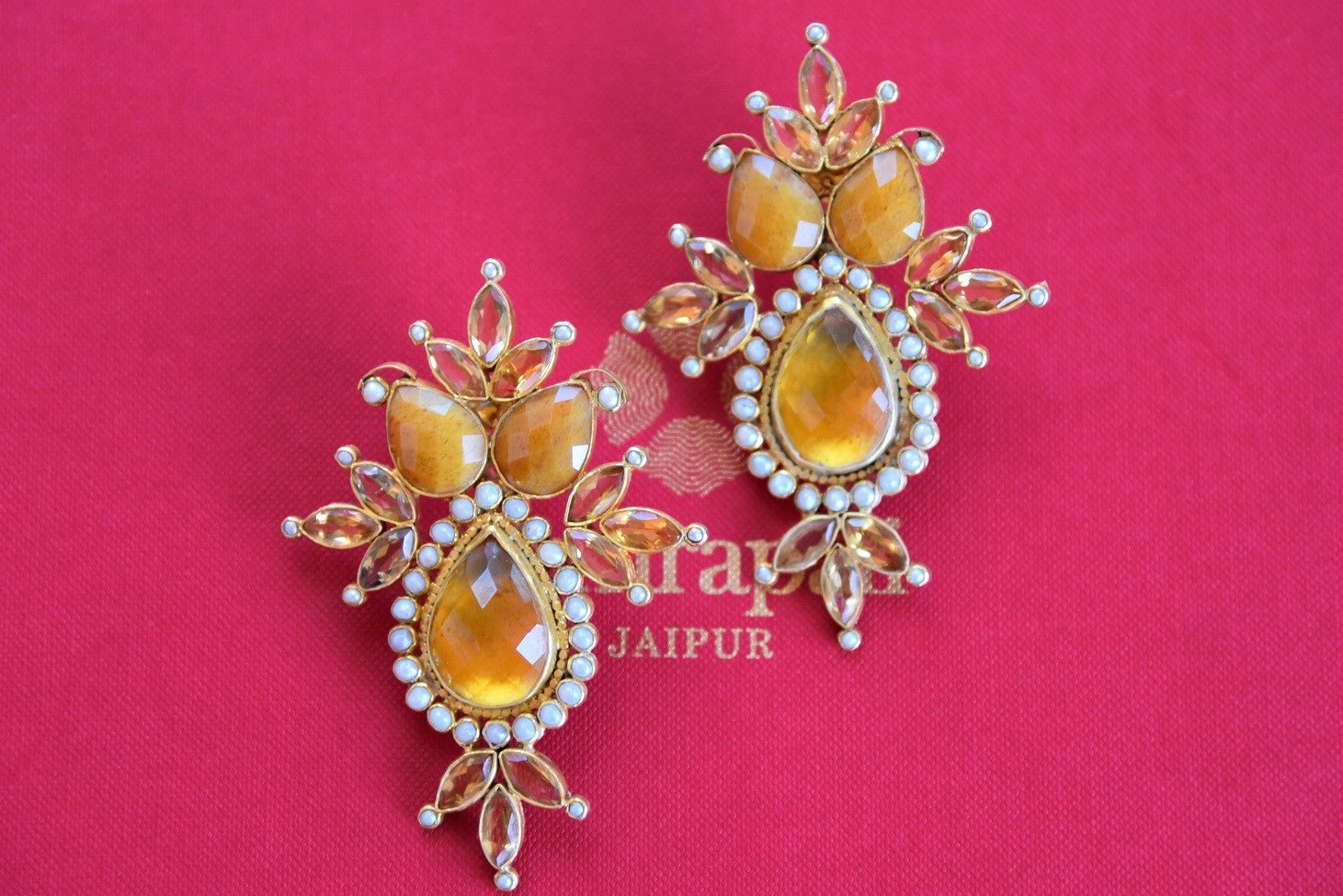 Ethnic Earring with yellow glass and white pearls detailing on gold plated silver.-Fashion earring