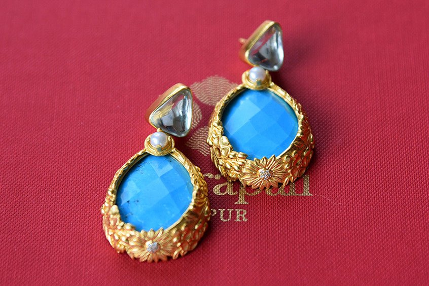 Indian designer turquoise stone silver gold plated earrings. Suits to Western and Indian outfits.-front view